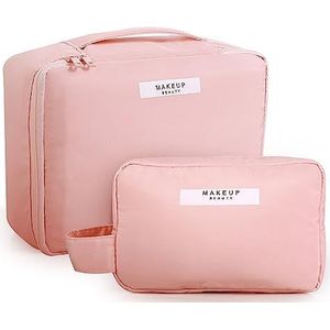 Romon 2 stuks make-uptassen voor dames, waterdicht, draagbaar, groot en klein, voor dames en meisjes, roze, 2 maten, traditioneel, Roze, Traditioneel
