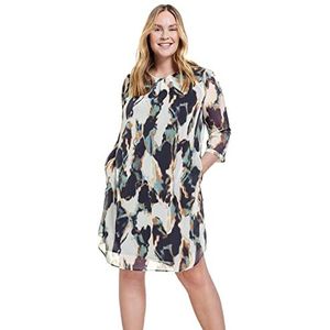 Samoon Korte chiffon jurk met 3/4 mouwen en 3/4 mouwen, lange mouwen, chiffon, knielang, kniepatroon, grote maten, Offwhite patroon