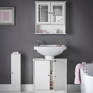CARME Gatsby badkamermeubel voor wandmontage met spiegel, opbergkast onder wastafel, wit, 3 stuks