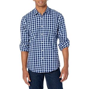 Amazon Essentials Chemise en popeline à manches longues pour hommes, coupe ajustée, carreaux bleu marine blanc, taille S