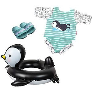 Heless 11 - Pinguïn Pinguïn Pinguïn Poppenset, 4-delig met outfit, pantoffels en zwemring, maat ca. 35-45 cm, voor badplezier op warme dagen, meerkleurig