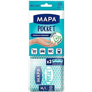 MAPA - Gants Pocket x 18 - Gants Fins en Vinyle non-poudrés et sans Latex - Recyclables avec TerraCycle - Certifiés Antivirus - 3 sachets de 6 gants - Taille M/L