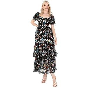 Lovedrobe Women's Midaxi Dress Ladies Sweetheart Neckline Short Sleeve Tiered Floral Print Empire A-Line for Wedding Guest Party Robe Femme, Noir, 46