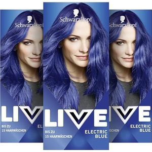 Schwarzkopf LIVE Ultra Brights Semi-permanente haarverf, elektrisch blauw 095 (3 x 142,5 ml), kleuring voor intensieve of pastelresultaten, houdt 12-15 shampoos, inclusief