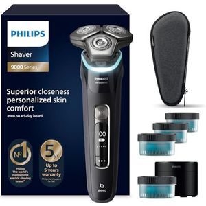 Philips S9000 - rasoir électrique Wet & Dry pour hommes couleur Noir avec lames Lift & Cut, technologie SkinIQ, tondeuse à barbe, Clean Pod, socle de charge et étui de transport (modèle S9976/63)