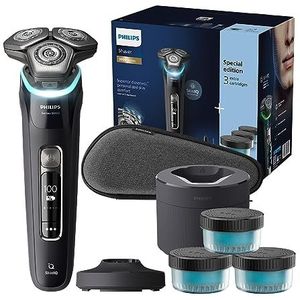 Philips S9000 - Wet & Dry elektrisch scheerapparaat voor heren, kleur zwart, met Lift & Cut-messen, SkinIQ-technologie, baardtrimmer, Clean Pod, laadstation en draagtas (model S9976/63)