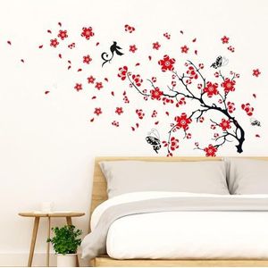 Walplus 150 x 90 cm muursticker ""Kersen pruim bloemen en vlinders"", afneembaar, zelfklevend, kunststicker, vinyl, huis, decoratie, doe-het-zelf, woonkamer, slaapkamer, kantoor, decoratie, kinderen, cadeau, meerkleurig