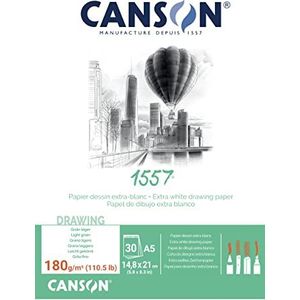 CANSON 1557, wit tekenpapier, lichte korrel, 180 g/m², gelijmd blok kleine kant, A5-14,8 x 21 cm, extra wit, 30 vellen