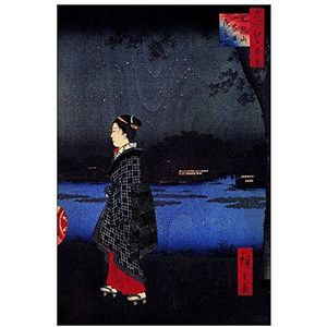 ArtPlaza Hiroshige Utagawa Night View of Matsuchiyama Schuifgordijn Decoratie, hout, meerkleurig, 60 x 90 cm