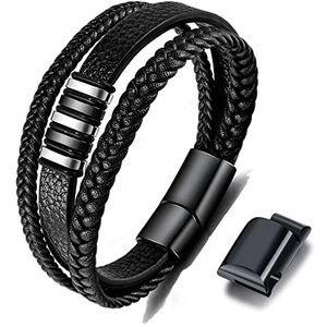 Cadeau voor mannen – heren armband – leren armband – zwart gevlochten echt leer brede wikkelarmband met magneetsluiting, 22.5centimeters, Leer