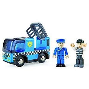 Hape Politieauto speelgoed voor circuit trein van hout, kinderen vanaf 3 jaar, elektrisch educatief spel met figuur en sirene, rolt met of zonder batterijen