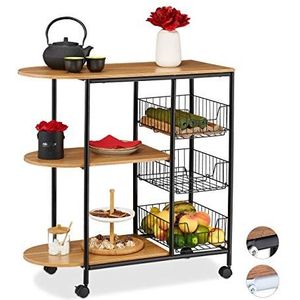 Relaxdays Serveerwagen, keuken, 3 houders, manden, industrieel, metaal en MDF, hoogte 84 x 83 x 37 cm, zwart, lichtbruin, staal, 1 stuk