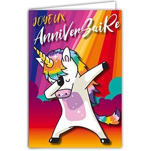 Verjaardagskaart met eenhoorn, pony, regenboog, magisch, hiphop, illustratie met envelop, formaat 12 x 17,5 cm, papier, 300 g, glanzend uit duurzaam beheerde bossen, geproduceerd in Frankrijk Afie 69-8045