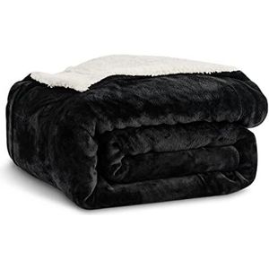 Kono Sherpa Fleecedeken, 130 x 150 cm, zacht, comfortabel, pluizig en omkeerbaar, van microvezel, voor bed, bank, bank (zwart, reizen/eenpersoons)