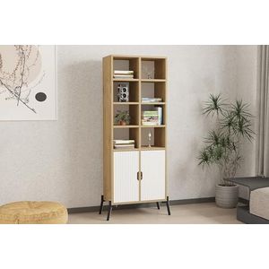 Hanah Home Scandinavisch boekenrek, saffiereiken en wit, 58,6 x 30 x 160 cm, coating van 100% melamine, MDF-membraandeur, ijzeren poten, elegante opbergoplossing