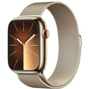 Apple Watch Series 9 (45 mm GPS + Cellular) Smartwatch met roestvrijstalen behuizing en Milanese gouden armband. Tracker voor fysieke activiteit, apps voor zuurstof in het bloed en ECG, waterbestendig