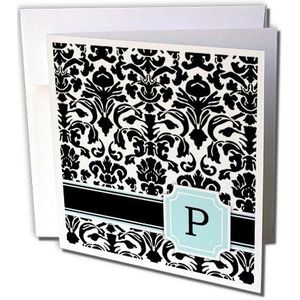 3dRose gc_154365_2 wenskaarten met monogram, 15,2 x 15,2 cm, 12 stuks, mintblauw/zwart/wit