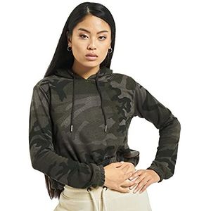 Urban Classics Camo Cropped dames capuchontrui, Donker camouflagepatroon.