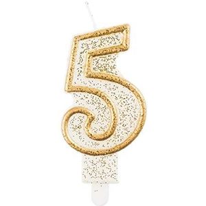GoDan Beauty & Charm verjaardagskaars nummer 5 6,5 cm wit wax goud contour glitter
