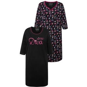 Ulla Popken Bigshirts, 2-pack, Rundhals/Tunika-uitsnijding, 3/4-arm nachthemd voor dames, zwart.