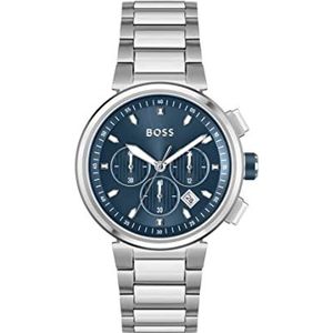 BOSS Herenhorloge chronograaf kwarts met zilverkleurige roestvrijstalen armband - 1513999, Blauw, Armband