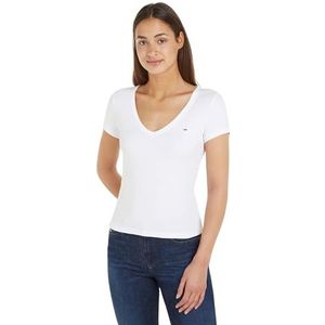 Tommy Jeans Tjw Slim Essential Rib V Ss S/S Haut tricoté pour femme, Blanc., S