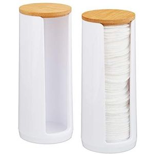 Relaxdays Wattenpads opbergdozen van acryl, bamboe, badkamer, katoenen dispenser met deksel, H: 17,5 x 7,5 cm, wit/naturel