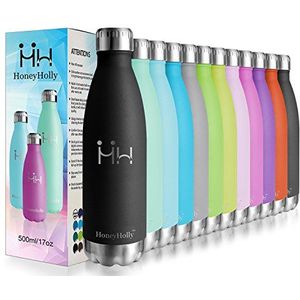 HoneyHolly Thermosfles, roestvrij staal, 500 ml, BPA-vrij, lekvrij, vacuüm isolatiefles, 0,5 l, dubbelwandige thermosfles voor fietsen, reizen, sport, yoga, camping, fiets