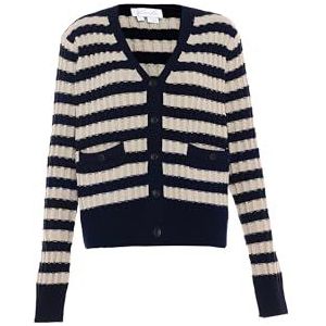 Blonda Cardigan rayé pour femme avec col en V et empiècements en acrylique bleu marine blanc laine Taille XS/S, Bleu marine, XS