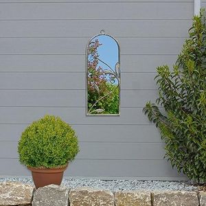 MirrorOutlet The Arcus Moderne boogvormige tuinspiegel met frame in betonkleur, 64 cm x 24 cm, zilveren spiegel met zwarte achterkant, weerbestendig