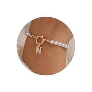 TINGN Parelarmband voor dames en meisjes, cadeau, 16 karaat goud, met CZ letters, bedelarmband, gepersonaliseerd cadeau voor vrouwen en tieners