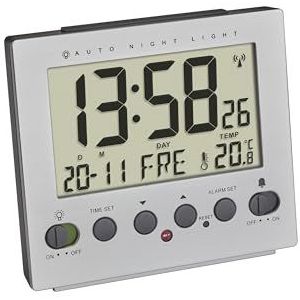 TFA Dostmann Digitale radiografische wekker, 60.2561.55, automatische nachtverlichting, temperatuur, dag van de week en datum, aluminium look, zilver