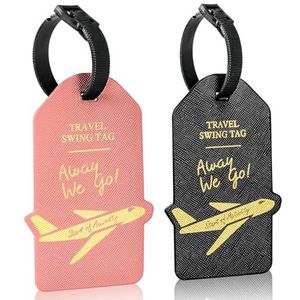 Alyvisun Bagagelabels van kunstleer met identiteitskaart, reislabels voor bagage, zakelijke tassen, zwart en roze, 2 stuks