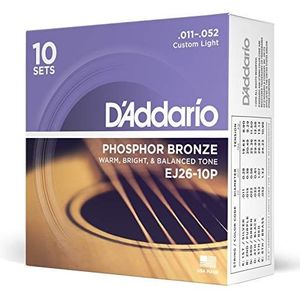 D'Addario akoestische gitaarsnaren, folk gitaarsnaar, EJ26-10P, fosforbrons akoestische gitaarsnaren, custom light 11-52, 10 spellen