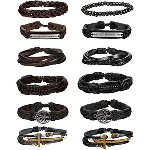 KALVICA 12 stuks leren armbanden voor dames en heren, punk-stijl, gevlochten, verstelbaar, zwart, houten kralen, Houten kralen