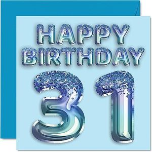 Verjaardagskaart voor mannen - feestbal blauw glitter - verjaardagskaarten voor 31-jarige mannen, broer, vriend, oom papa, 145 mm x 145 mm, wenskaarten voor eenendertig en