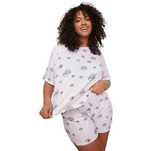 Trendyol Trendyol Effen gebreide T-shirt-shorts voor dames, grote maat, pyjamaset voor dames, poeder