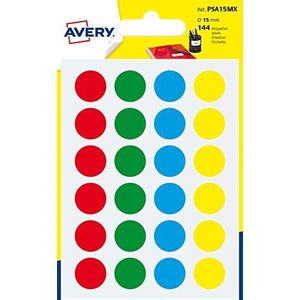 AVERY - Zak met 144 op kleur gesorteerde zelfklevende ronde etiketten, diameter 15 mm