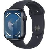 Apple Watch Series 9 (45 mm GPS) Smartwatch met aluminium behuizing en sportarmband in middernachtblauw (S/M). Track fysieke activiteit en zuurstof in het bloed en ECG, waterbestendig, altijd actief