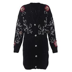 faina Cardigan mi-long pour femme avec paillettes et motif floral Noir Taille XL/XXL, Noir, XL