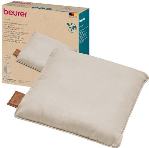 Beurer MG 139 Coussin de massage sans fil Shiatsu avec fonction chauffante, chaleur commutable, fabriqué en matériau recyclé, lavable en machine, arrêt automatique, 40 x 40 cm, beige