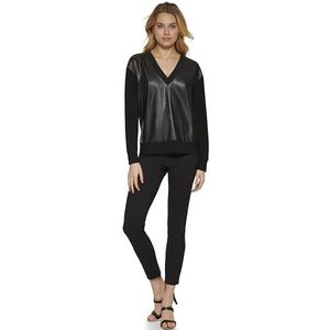 DKNY V-hals faux lederen front gebreide top dames trainingspak, zwart.