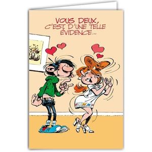 GLCT0060 Gefeliciteerde kaart 2 geliefden Gaston Lagaffe Miss Jeanne met geïllustreerde envelop, formaat 12 x 17,5 cm, humoristische boodschap, Union PACS bruiloft