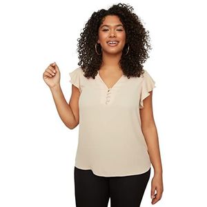 Trendyol Grote maten basic geweven blouse met V-hals voor dames, stone, 72 grote maat, Steen