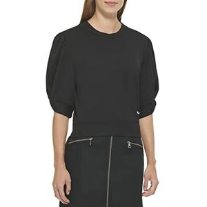 DKNY T-shirt à col ras du cou avec manches bouffantes pour femme, Noir, S