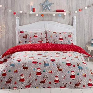 Sleepdown Omkeerbare beddengoedset in warm en comfortabel fleece met rendier- en sterrenmotief - Eenpersoons (135 x 200 cm) - Rood en grijs