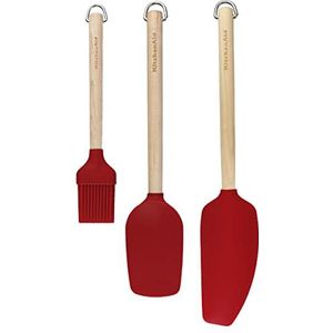 KitchenAid Set van 3 berkenhout kookgerei met bakborstel, lepel, spatel en mengspatel, rood