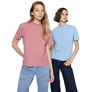 Trendyol T-shirt en tricot à col rond standard standard pour femme, Bleu-multicolore, L