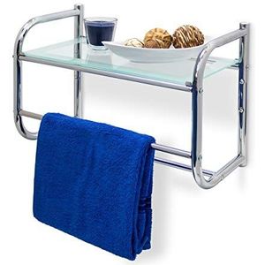 Relaxdays handdoekhouder met plateau van glas - handdoekrek - plankje - 2 stangen