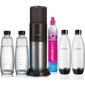 SodaStream Duo bruiswatertoestel met CO2-cilinder, 2 glazen flessen 1 liter en 2 plastic flessen 1 liter, hoogte: 44 cm. Kleur: titanium
